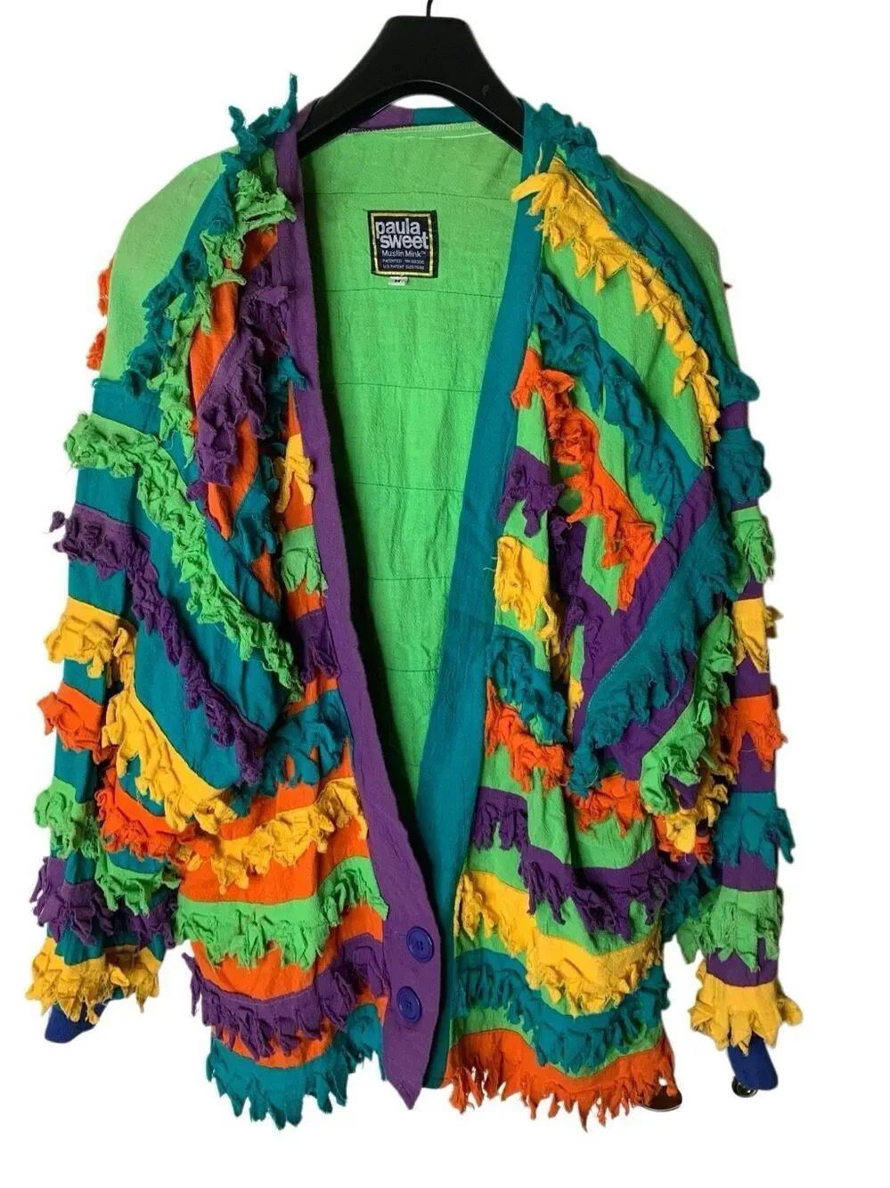 Paula Sweet Mulin Mink Vintage 80s shag fringe cardigan jacket women's medium